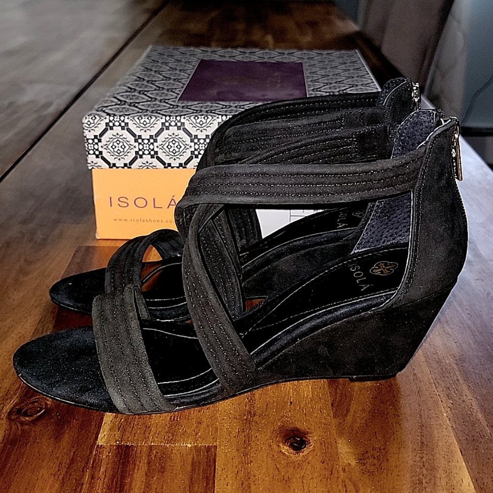 Isola black suede 3 inch wedge sandals
